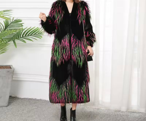 Women Fashion Multicolored Faux Fur Long Coat