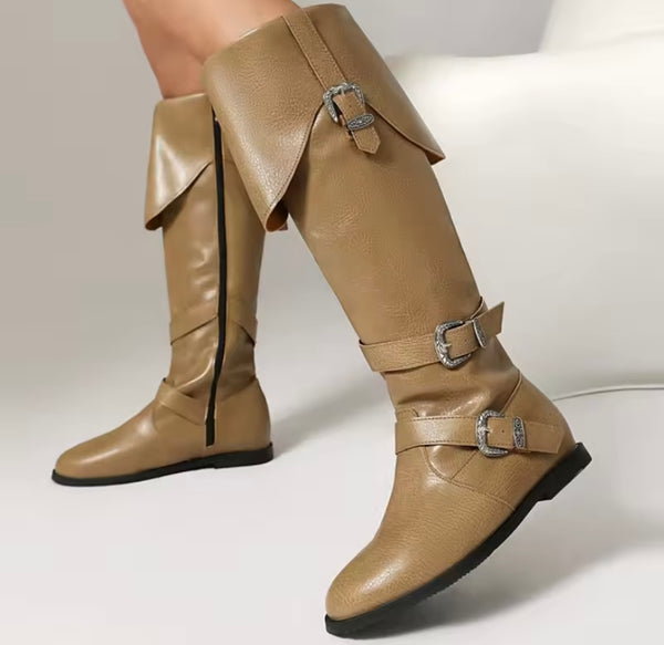 Women Fashion Buckled Knee High Flat Boots