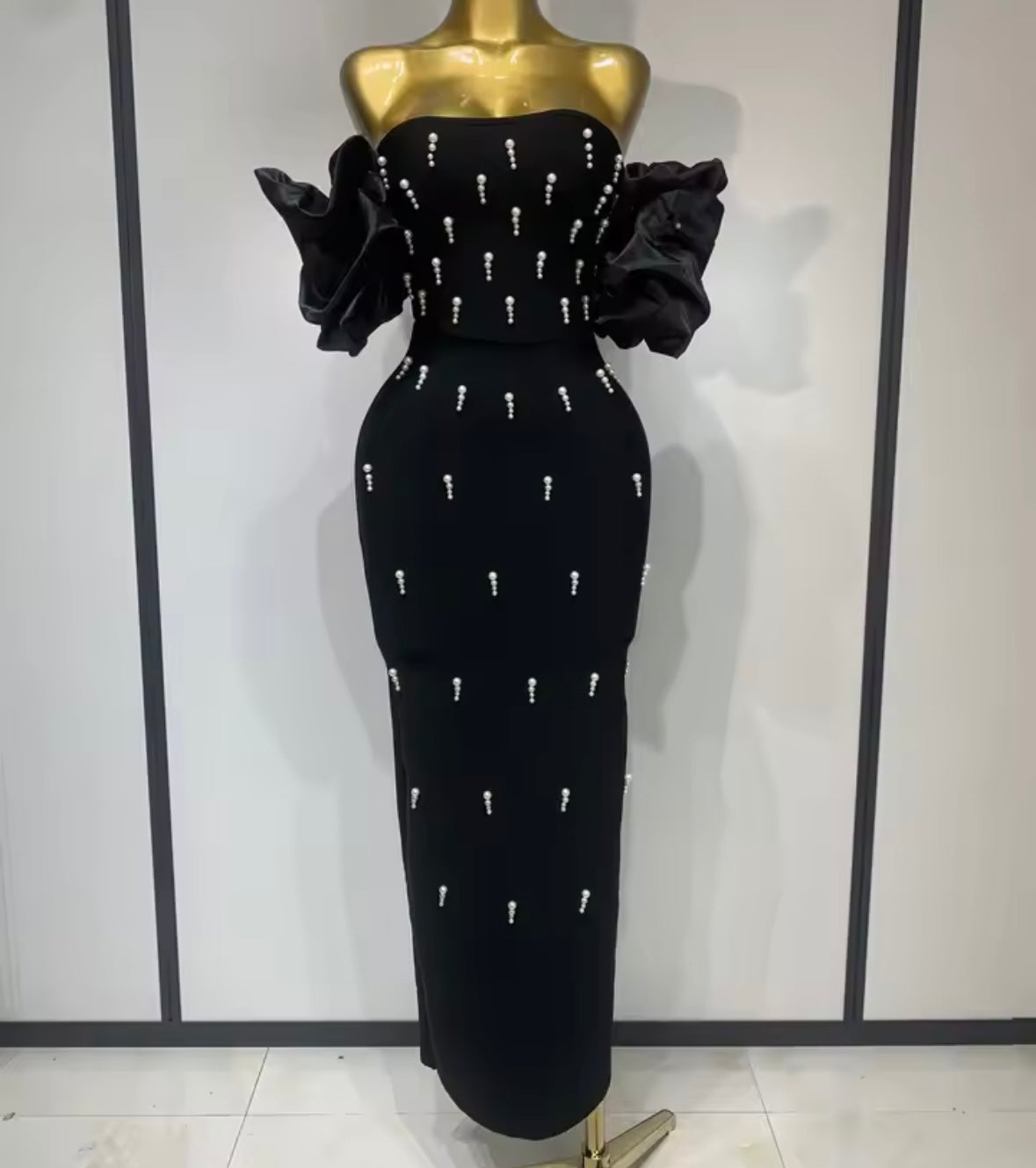 Women Sexy Strapless Pearl Patchwork Maxi Dress