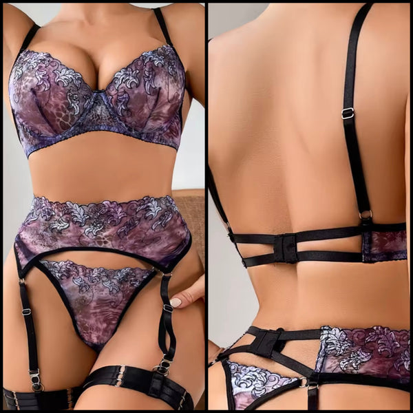 Women Sexy Color Print Mesh Lingerie Set