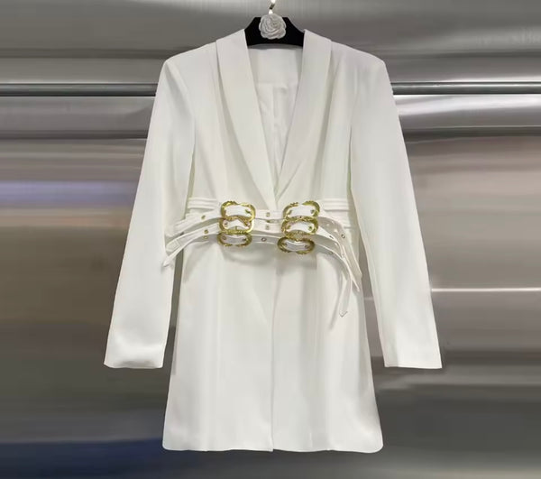 Women Fashion Color Buckle Belted Full Sleeve Blazer Top
