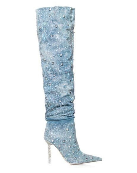 Women Fashion Ruched Bling Rhinestone Knee High Denim Boots