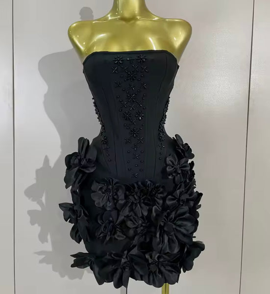 Women Sexy Strapless Floral Beaded Bandage Dress
