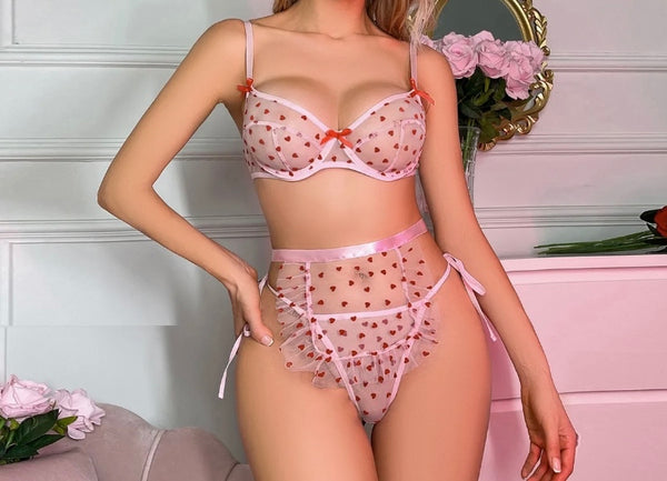 Women Sexy Pink Heart Print Mesh Lingerie Set