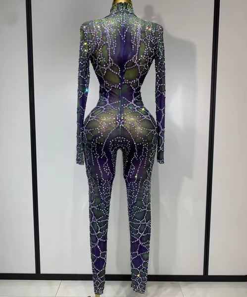 Women Sexy Mesh Rhinestone Full Sleeve Jumpsuit