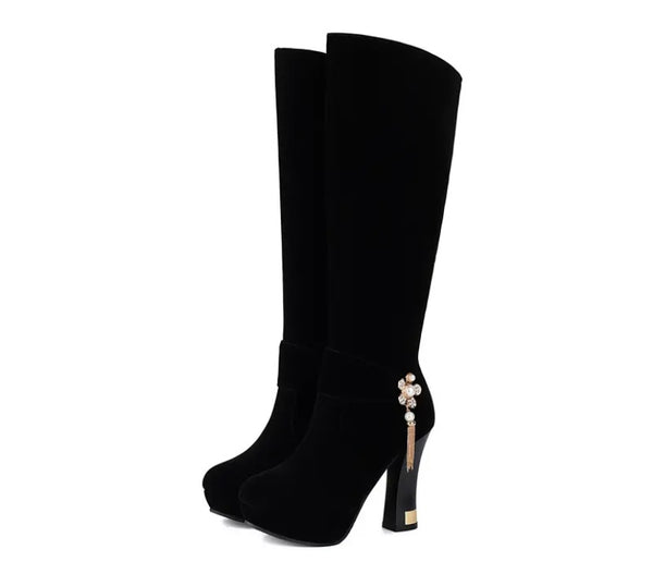 Women Fashion Color Suede Bling Tassel Knee High Boots