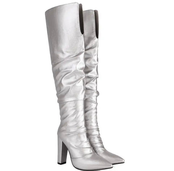 Women Pointed Toe Solid Color Fashion PU Knee High Boots