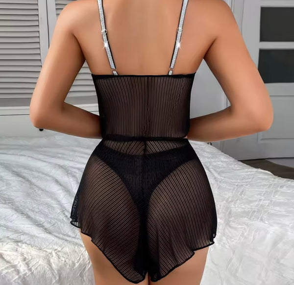 Women Sexy See Through Black Bling Sleeveless Lingerie Short Set