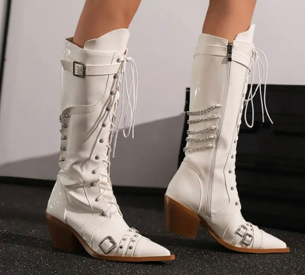 Women Fashion Pointed Toe Buckled Chain Lace Up Knee High Boots