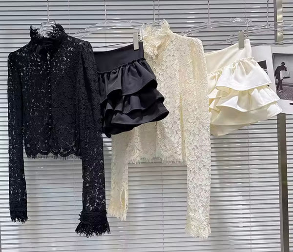 Women Sexy Lace Full Sleeve Two Piece Ruffled Skirt Set