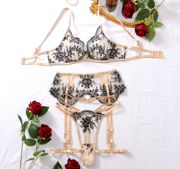 Women Sexy Mesh Lace Thong Lingerie Set