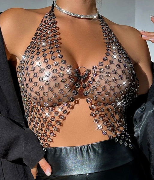 Women Sexy See Through Bling Halter Sleeveless Crop Top