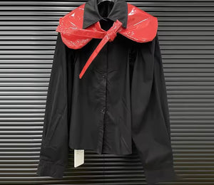 Women Button Up Full Sleeve PU Shawl Two Piece Top