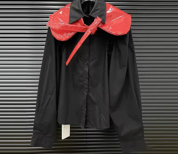 Women Button Up Full Sleeve PU Shawl Two Piece Top