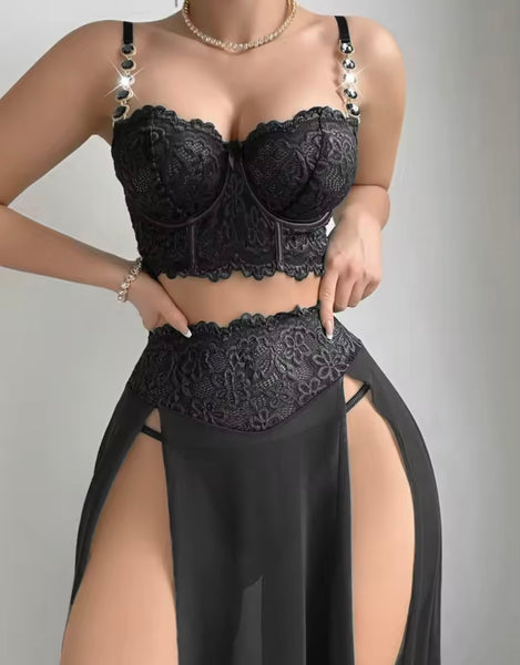 Women Sexy Bling Heart Lace Sleeveless Mesh Lingerie Set