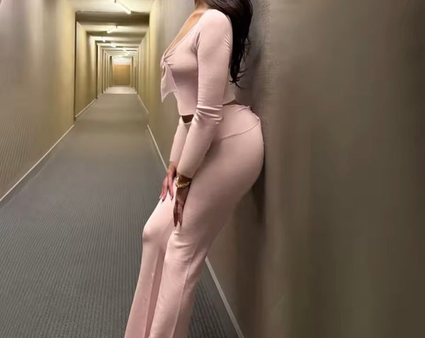 Women Bow Pink Full Sleeve Fashion Two Piece Pant Set
