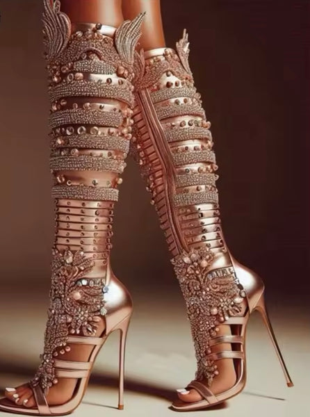 Women Open Toe Gold Beaded Bling Knee High Sandals