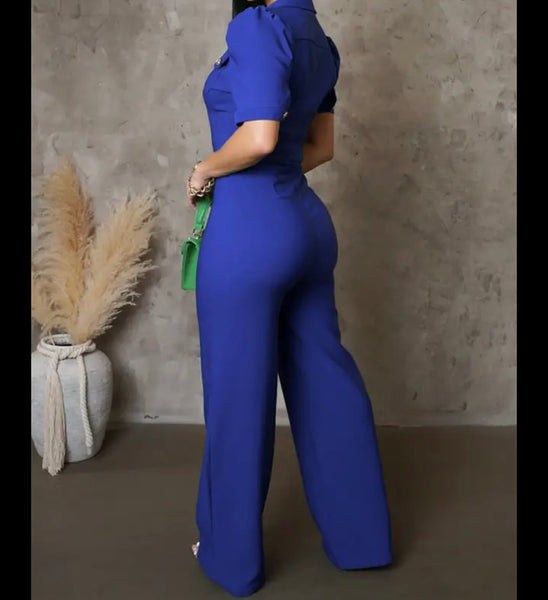 Women Color Button Up Short Sleeve Fashion Jumpsuit