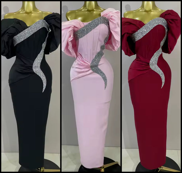 Women Elegant Off The Shoulder Bling Ruched Maxi Dress