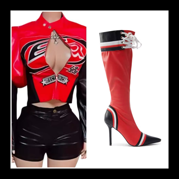 Women Color Fashion PU Jacket Two Piece Short Set