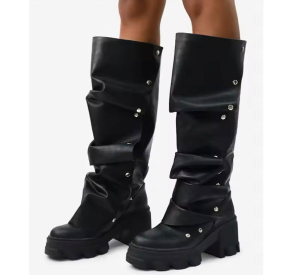 Women Fashion Faux Leather Button Platform Knee High Boots