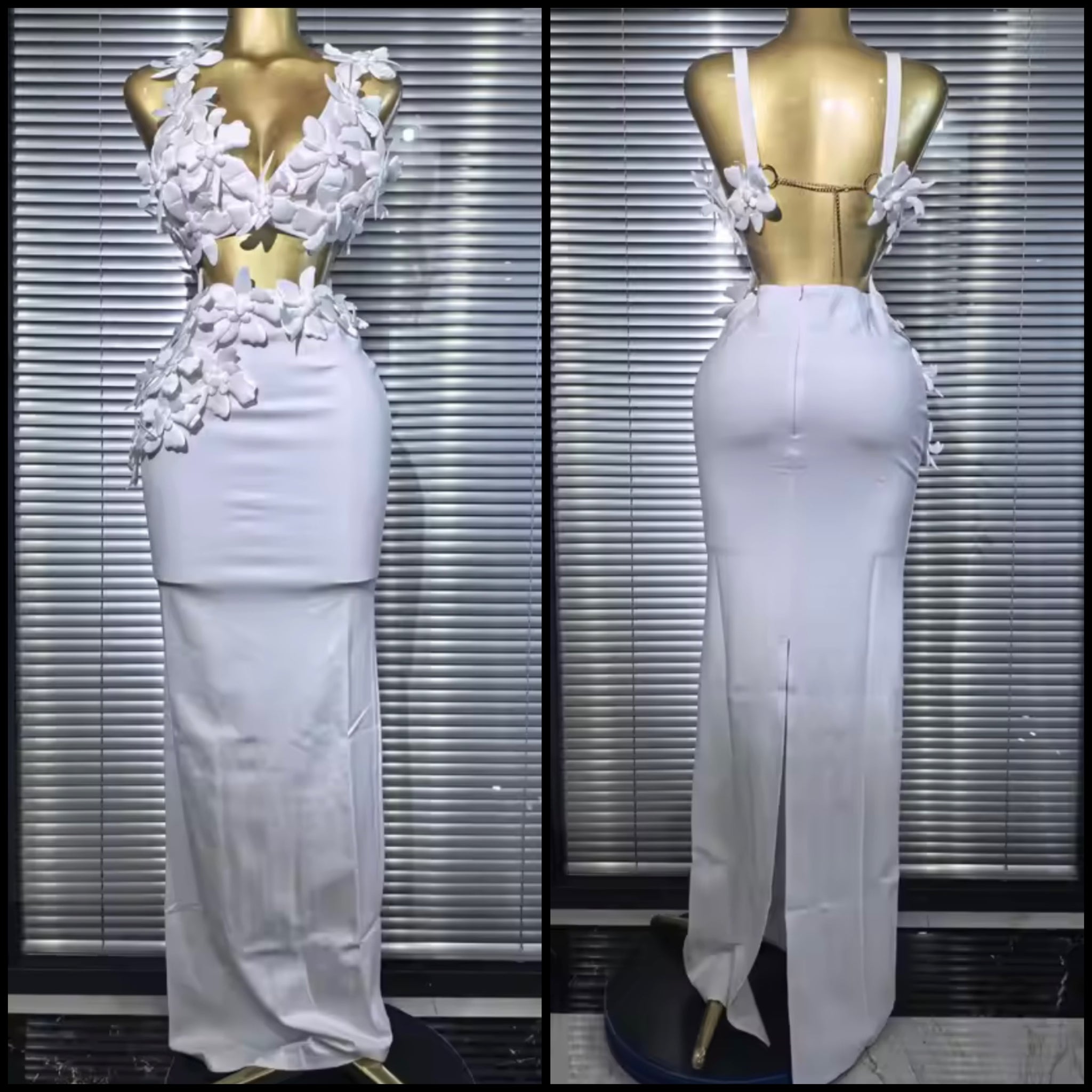 Women White 3D Floral Sleeveless Open Back Two Piece Maxi Skirt Set