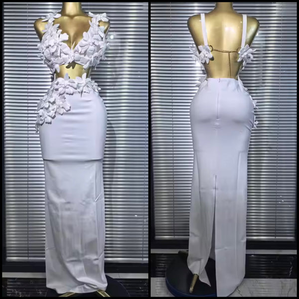 Women White 3D Floral Sleeveless Open Back Two Piece Maxi Skirt Set