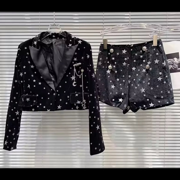 Women Black Velvet Printed Blazer Two Piece Short Set