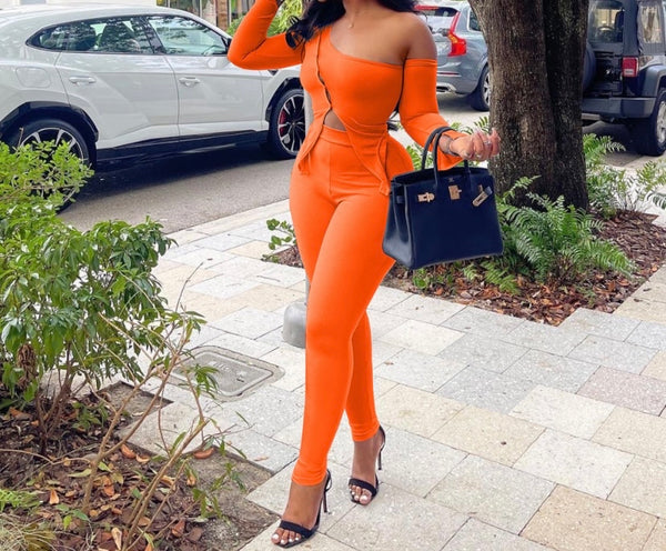 Women Off The Shoulder Full Sleeve Solid Color Two Piece Pant Set