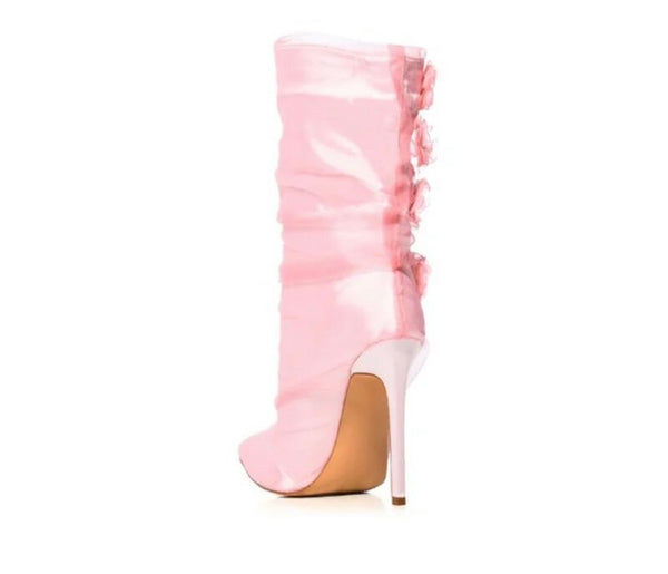 Women Fashion Pink Floral Rivet High Heel Ankle Boots