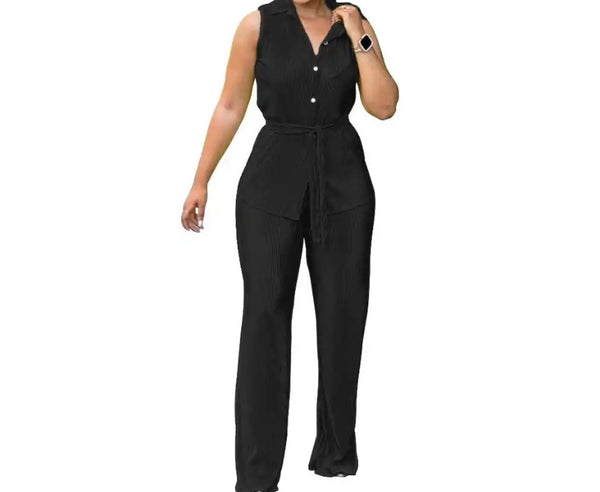 Women Button Up Sleeveless Solid Color Two Piece Pant Set