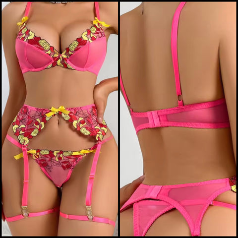 Women Sexy Pink Printed Mesh Lingerie Set