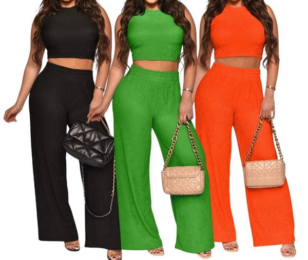 Women Sleeveless Solid Color Fashion Two Piece Pant Set
