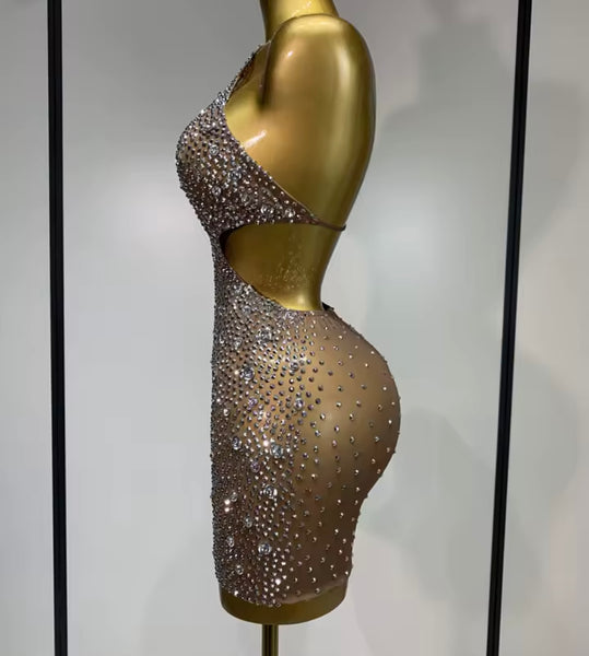 Women Sexy Mesh One Shoulder Sleeveless Rhinestone Dress