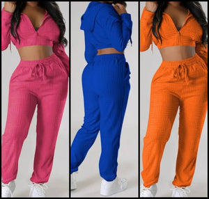 Women Hooded Crop Two Piece Drawstring Pant Set