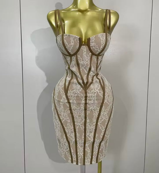 Women Sexy Sleeveless Striped Lace Dress