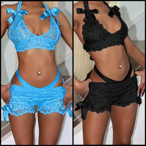 Women Sexy Sleeveless Bow Lace Two Piece Short Set