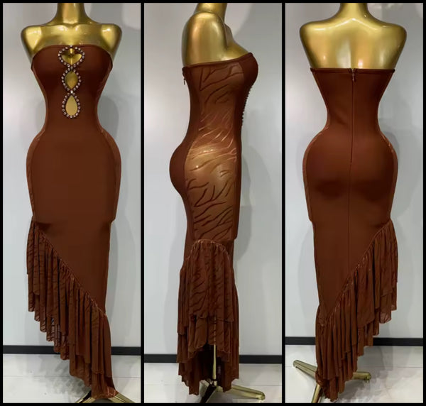 Women Brown Strapless Mesh Rhinestone Patchwork Dress
