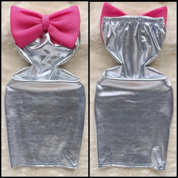 Women Sexy Strapless Silver Pink Bow PU Dress