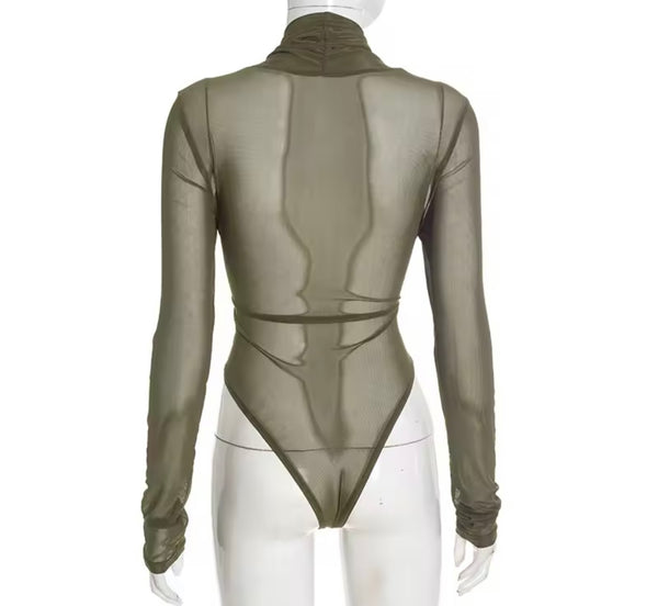 Women Sexy Fashion Criss Cross Mesh Full Sleeve Bodysuit Top
