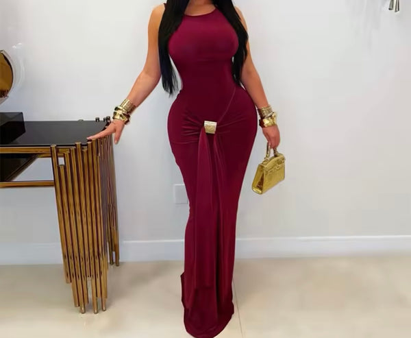 Women Sexy Sleeveless Open Back Metal Tassel Maxi Dress