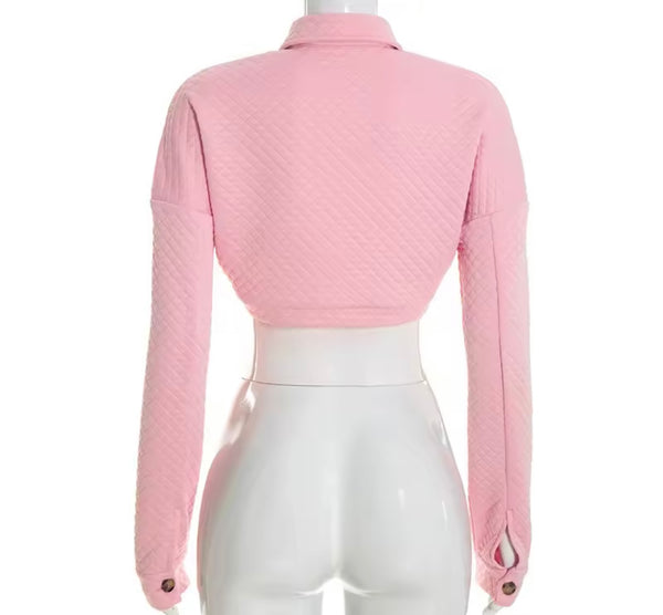 Women Fashion Pink Button Up Quilted Crop Jacket