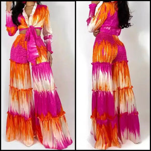 Women Fashion Full Sleeve Colorful Two Piece Wide Leg Pant Set