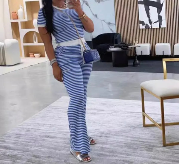 Women Striped Fashion Short Sleeve Two Piece Pant Set