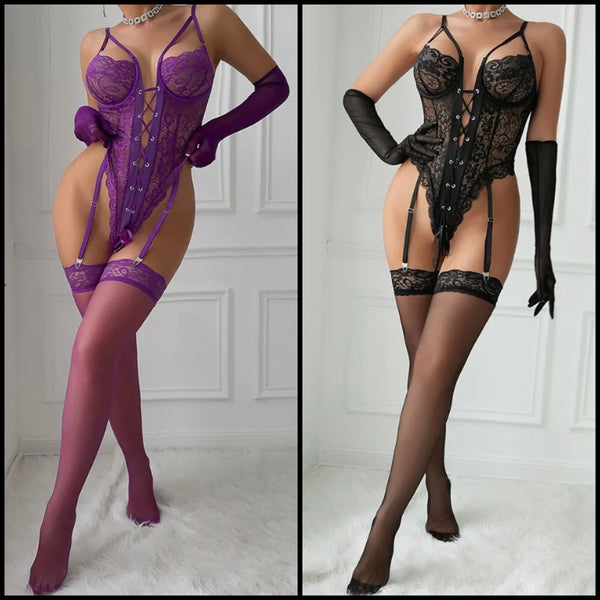 Women Sexy Lace Tie Up Bodysuit Lingerie Set