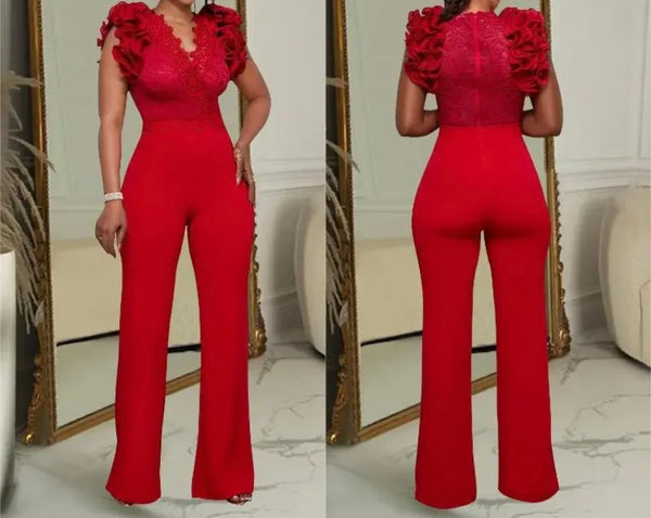 Women Sexy Color Ruffled Lace Patchwork Short Sleeve Jumpsuit