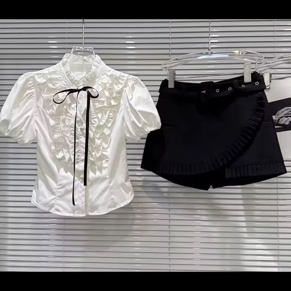 Women Button Up Ribbon Short Sleeve Two Piece Wrap Short Set