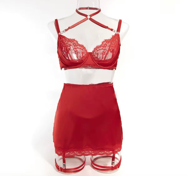 Women Sexy Satin Lace Cut Out Lingerie Set