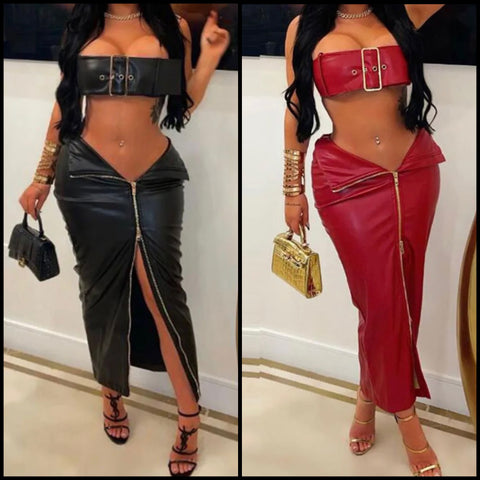 Women Sexy Buckled Strapless Zipper Two Piece Maxi Skirt Set