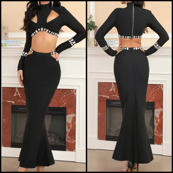 Women Sexy Black Full Sleeve Rhinestone Patchwork Two Piece Maxi Skirt Set